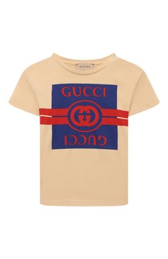 Детский хлопковая футболка GUCCI бежевого цвета, арт. 576871/XJF50 | Фото 1 (Нос: Не проставлено; Материал сплава: Проставлено; Материал внешний: Хлопок; Кросс-КТ НВ: Футболка; Ростовка одежда: 3 мес | 62 см, 36 мес | 98 см, 24 мес | 92 см, 18 мес | 86 см, 12 мес | 80 см, 9 мес | 74 см)