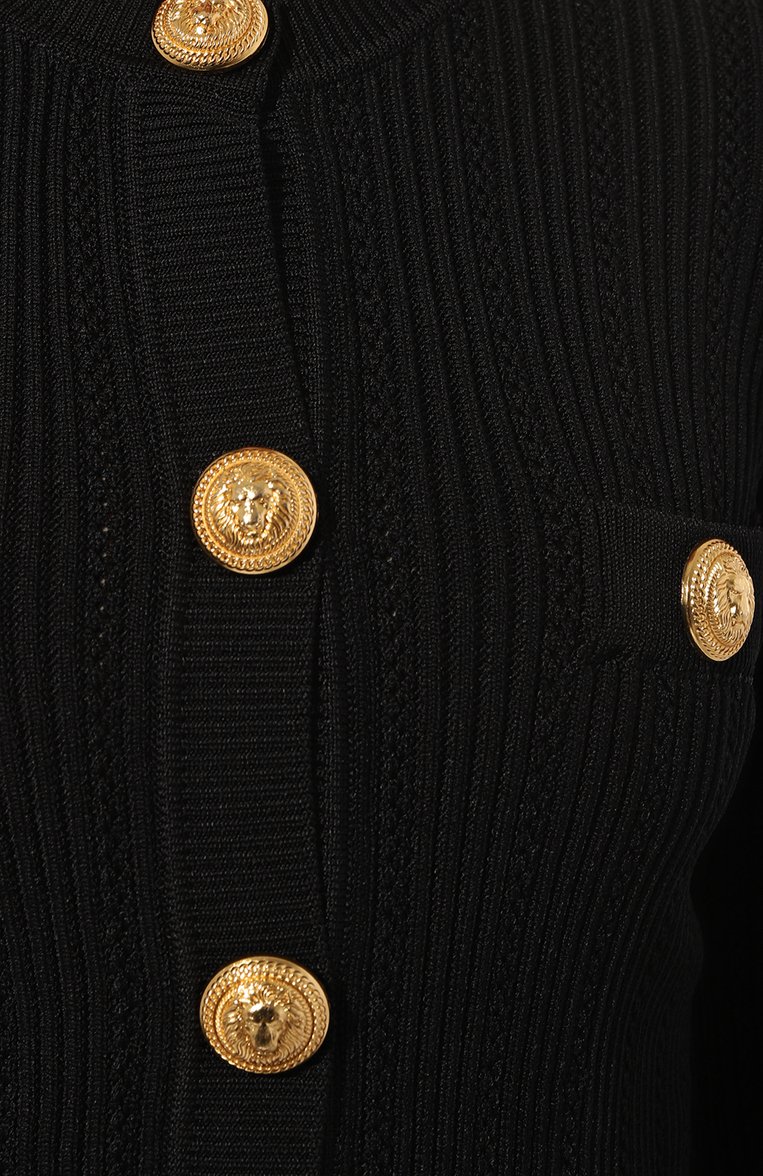 Женский кардиган из вискозы BALMAIN черного цвета, арт. AF1KL005KB39 | Фото 5 (Длина (для топов): Стандартные; Рукава: Длинные; Материал внешний: Вискоза; Стили: Гламурный; Женское Кросс-КТ: кардиган-трикотаж; Застежка: Пуговицы)
