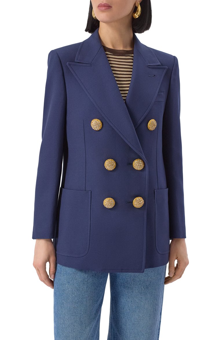 Женский шерстяной жакет VALENTINO синего цвета, арт. 6B3CE40090T | Фото 3 (Длина (для топов): Стандартные; Материал внешний: Шерсть; Рукава: Длинные; Женское Кросс-КТ: Жакет-одежда; 1-2-бортные: Двубортные; Кросс-КТ: костюм; Стили: Классический; Автоматизация состава: Проставлено; Автоматизация ТО: Проставлено)
