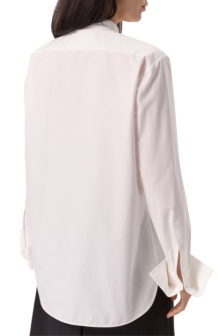 Женская хлопковая рубашка JIL SANDER белого цвета, арт. J01DL0145-J45002 | Фото 4 (Длина (для топов): Удлиненные; Драгоценные камни: Проставлено; Материал сплава: Проставлено; Рукава: Длинные; Женское Кросс-КТ: Рубашка-одежда; Стили: Минимализм; Принт: Без принта; Материал внешний: Хлопок)