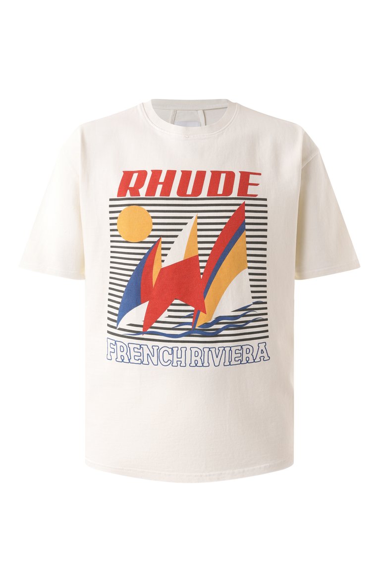 Мужская хлопковая футболка RHUDE кремового цвета, арт. RHPS25TT10012 | Фото 1 (Материал сплава: Проставлено; Длина (для топов): Стандартные; Рукава: Короткие; Драгоценные камни: Проставлено; Принт: С принтом; Стили: Кэжуэл; Материал внешний: Хлопок; Кросс-КТ: Джерси; Мужское Кросс-КТ: Футболка-одежда)