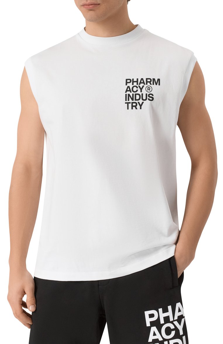 Мужская хлопковая майка PHARMACY INDUSTRY белого цвета, арт. PHABM00173 | Фото 3 (Длина (для топов): Стандартные; Материал внешний: Хлопок; Принт: С принтом; Рукава: Без рукавов; Стили: Спорт-шик; Мужское Кросс-КТ: Футболка-одежда; Кросс-КТ: Джерси; Автоматизация состава: Проставлено; Детали: Без декора; Автоматизация ТО: Проставлено)