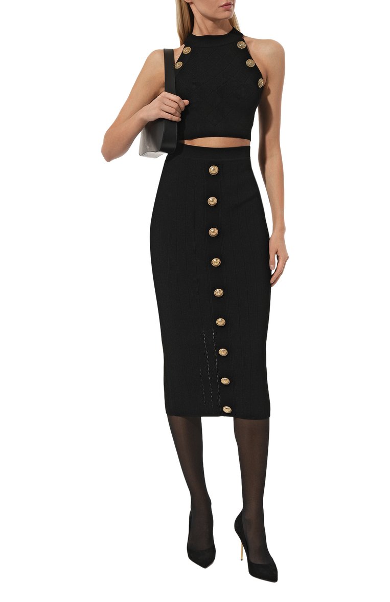 Женская юбка из вискозы BALMAIN черного цвета, арт. YF1LD066KB07 | Фото 2 (Длина Ж (юбки, платья, шорты): Миди; Материал внешний: Вискоза; Женское Кросс-КТ: Юбка-одежда; Кросс-КТ: Трикотаж; Стили: Кэжуэл; Автоматизация состава: Проставлено; Автоматизация ТО: Проставлено)