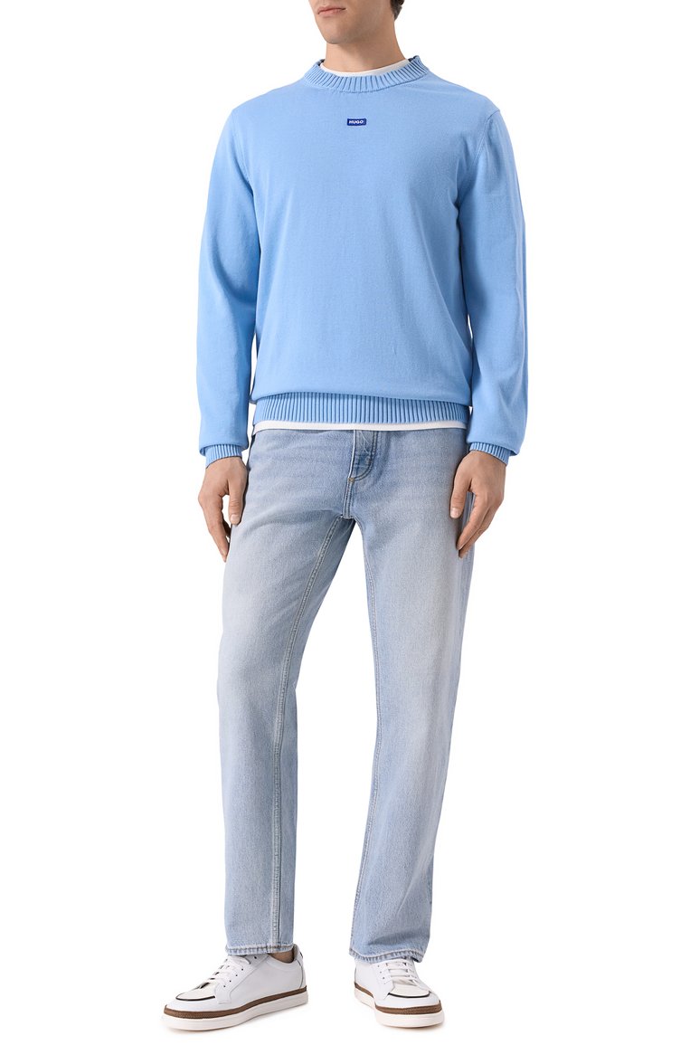 Мужские джинсы regular fit HUGO BLUE голубого цвета, арт. 50529225 | Фото 2 (Длина (брюки, джинсы): Стандартные; Материал внешний: Деним, Хлопок; Силуэт М (брюки): Прямые; Детали: Делаве; Кросс-КТ: Деним; Стили: Повседневный; Автоматизация ТО: Проставлено; Автоматизация состава: Проставлено)