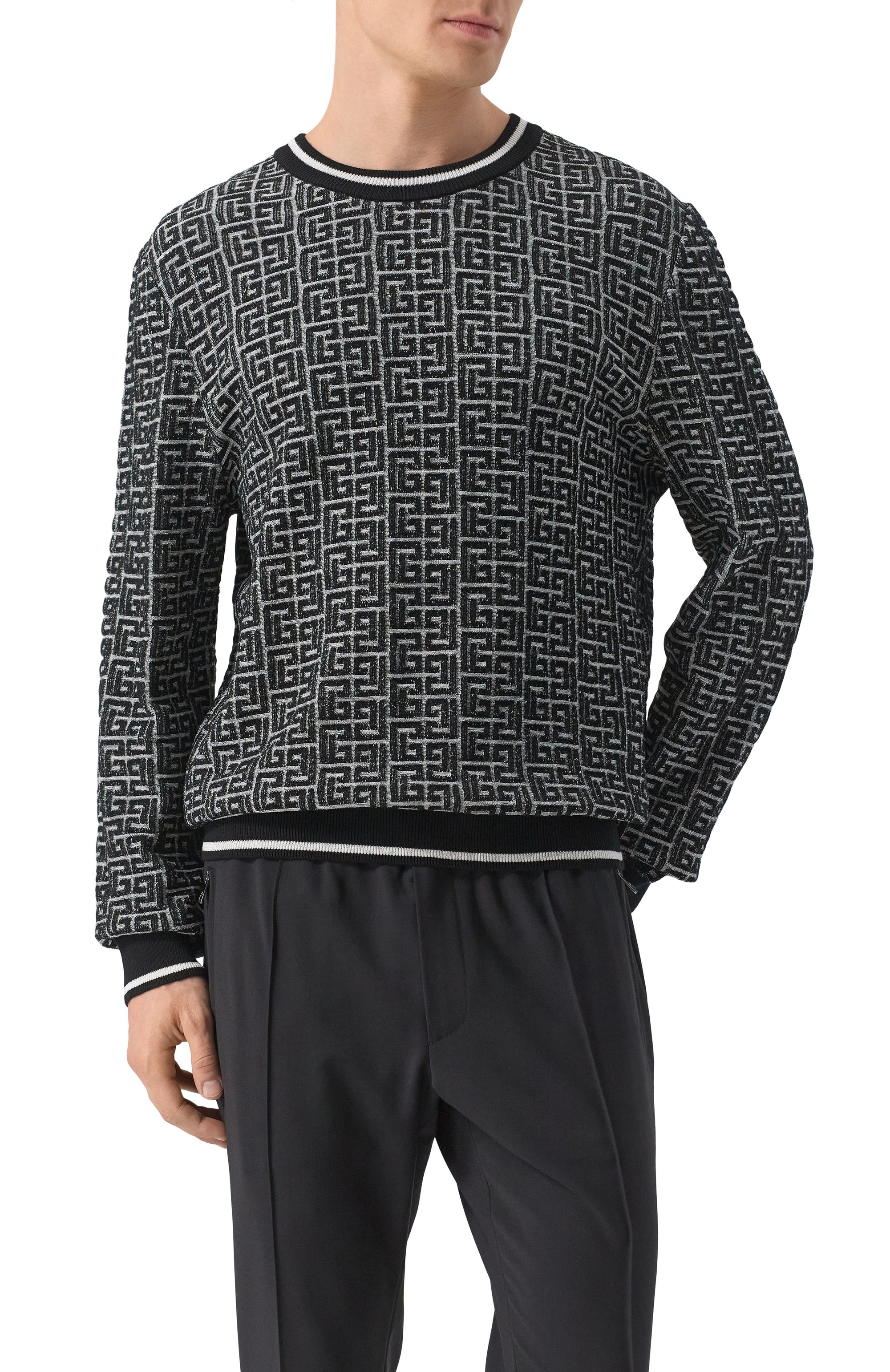 Джемпер из шерсти и льна BALMAIN черно-белого цвета по цене 125500 руб., арт. EH1KD000/KI03, фото 3 Джемпер из шерсти и льна BALMAIN, арт. EH1KD000/KI03, фото 3