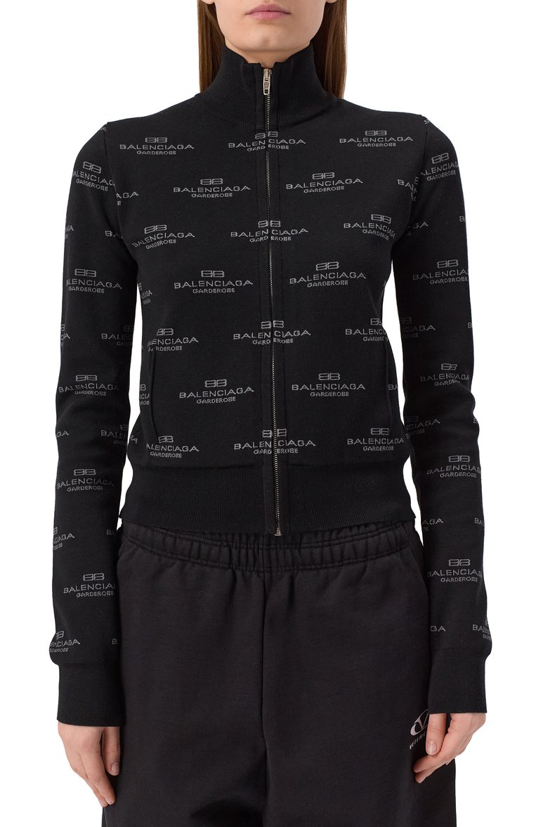 Женский кардиган из шерсти и хлопка BALENCIAGA черного цвета, арт. 812596/T1724 | Фото 3 (Материал внешний: Шерсть, Хлопок; Длина (для топов): Стандартные; Рукава: Длинные; Женское Кросс-КТ: Кардиган-одежда, кардиган-трикотаж; Стили: Гранж; Застежка: Молния)