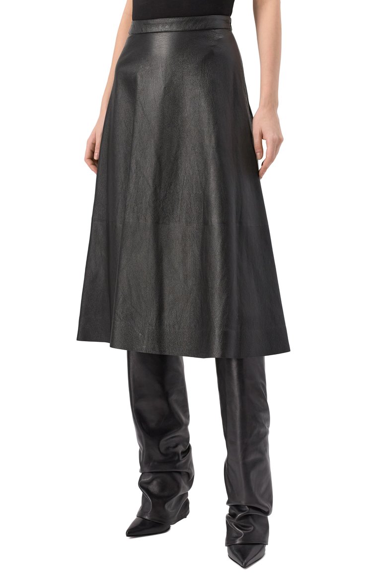 Женская кожаная юбка BALENCIAGA черного цвета, арт. 816648/TRS12 | Фото 3 (Длина Ж (юбки, платья, шорты): Миди; Материал внешний: Натуральная кожа; Стили: Гранж; Автоматизация ТО: Проставлено; Автоматизация состава: Проставлено)