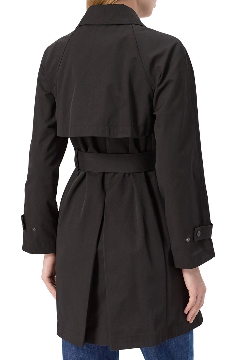 Женский тренч EMPORIO ARMANI черного цвета, арт. EW000638/AF12646 | Фото 4 (Длина (верхняя одежда): До середины бедра; Материал подклада: Синтетический материал; Рукава: Длинные; Кросс-КТ: Куртка; Стили: Кэжуэл; Материал внешний: Хлопок, Синтетический материал)
