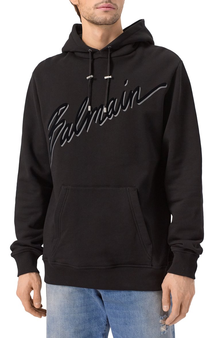Мужской хлопковое худи BALMAIN черного цвета, арт. EH1JT047/BC86 | Фото 3 (Рукава: Длинные; Длина (для топов): Стандартные; Материал сплава: Проставлено; Драгоценные камни: Проставлено; Принт: С принтом; Мужское Кросс-КТ: Худи-одежда; Стили: Спорт-шик; Материал внешний: Хлопок)