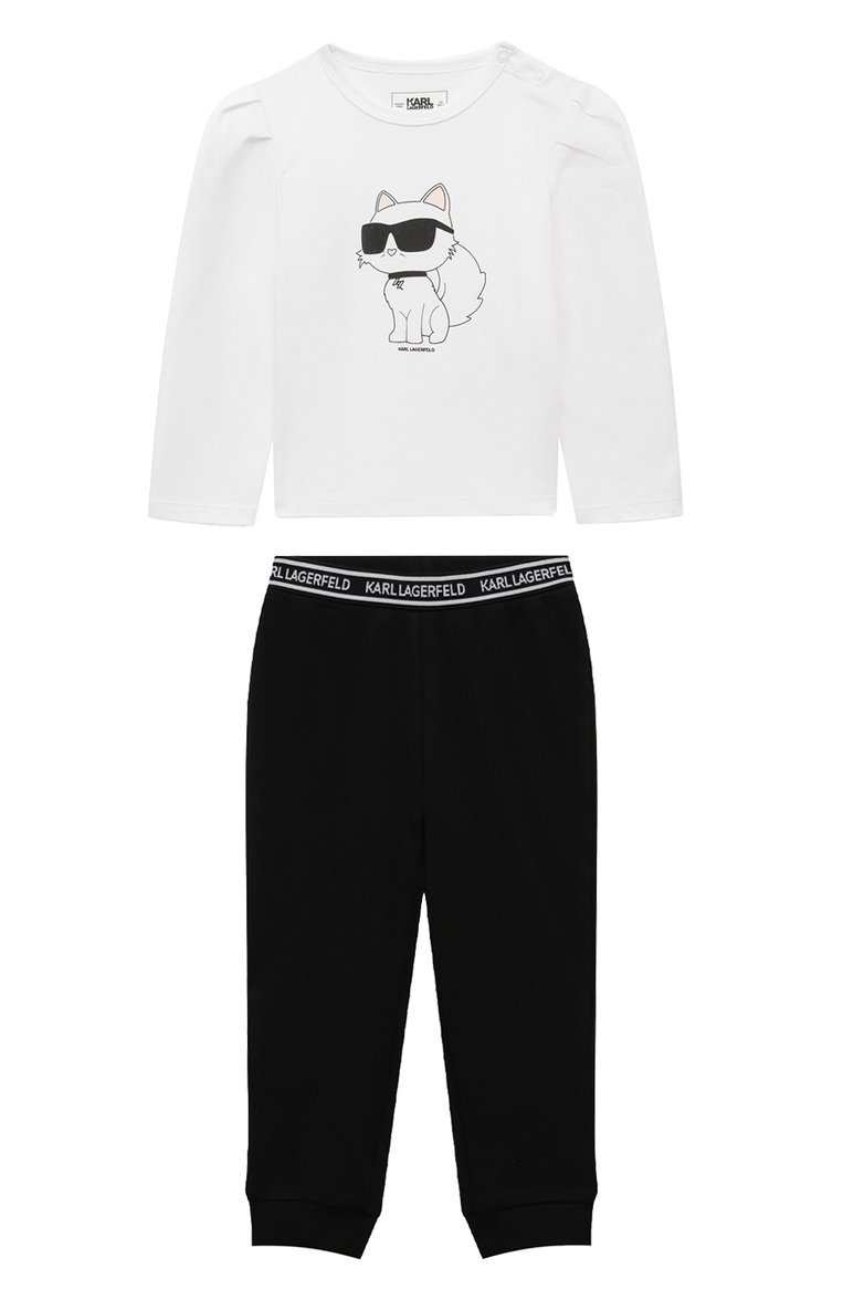 Детская комплект из лонгслива и брюк KARL LAGERFELD KIDS черно-белого цвета, арт. Z30280 | Фото 1 (Материал внешний: Хлопок; Материал сплава: Проставлено; Драгоценные камни: Проставлено; Рукава: Длинные; Девочки Кросс-КТ: Кост�юмы-спорт; Ростовка одежда: 24 мес | 92 см)