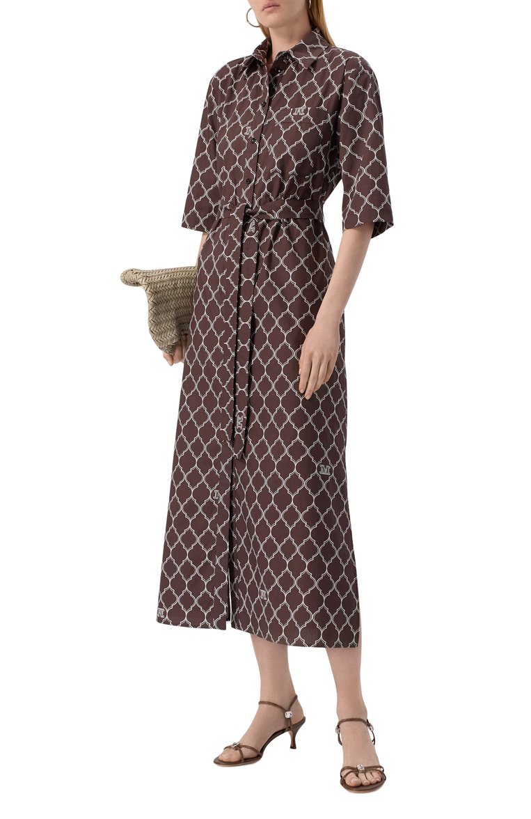 Женское хлопковое платье MAX MARA коричневого цвета, арт. DANIEL 2516221049 | Фото 2 (Материал внешний: Хлопок; Рукава: 3/4; Автоматизация состава: Проставлено; Автоматизация ТО: Проставлено; Длина Ж (юбки, платья, шорты): Миди; Случай: Повседневный; Стили: Кэжуэл; Женское Кросс-КТ: Платье-одежда)