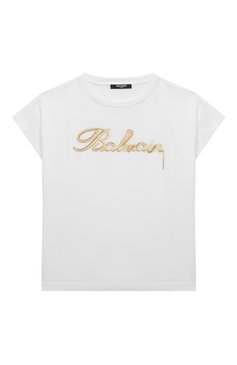 Детская хлопковая футболка BALMAIN белого цвета, арт. BU8C21 | Фото 1 (Девочки Кросс-КТ: футболка-одежда; Рукава: Короткие; Материал сплава: Проставлено; Материал внешний: Хлопок; Драгоценные камни: Проставлено; Материал подклада: Хлопок; Ростовка одежда: 6 лет | 116 см, 12 лет | 152 с�м, 10 - 11 лет | 140 - 146см, 8 лет | 128 см, 13 - 15 лет | 158 см, 16 лет | 164 см)