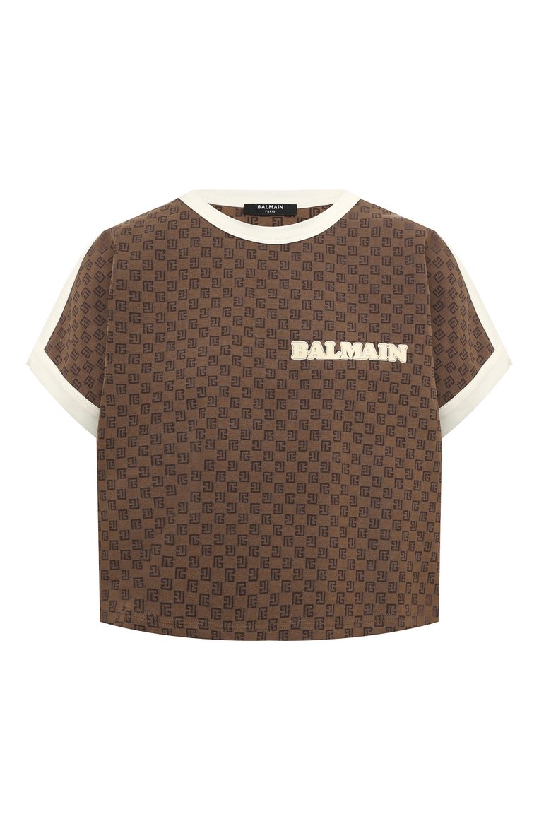 Женская хлопковая футболка BALMAIN коричневого цвета, арт. BF0EE009/BC56 | Фото 1 (Рукава: Короткие; Материал внешний: Хлопок; Длина (для топов): Укороченные; Стили: Кэжуэл; Принт: С принтом; Автоматизация ТО: Проставлено; Автоматизация состава: Проставлено)