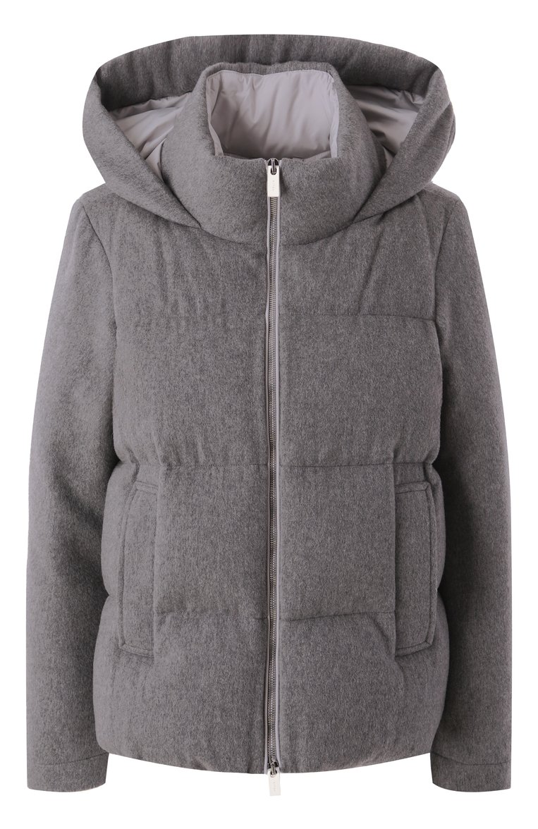Женский кашемировый пуховик KITON серого цвета, арт. D54658K0580E03 | Фото 1 (Материал подклада: Синтетический материал; Материал сплава: Проставлено; Материал внешний: Шерсть, Кашемир; Рукава: Длинные; Длина (верхняя одежда): Короткие; Драгоценные камни: Проставлено; Стили: Кэжуэл; Кросс-КТ: Пуховик)