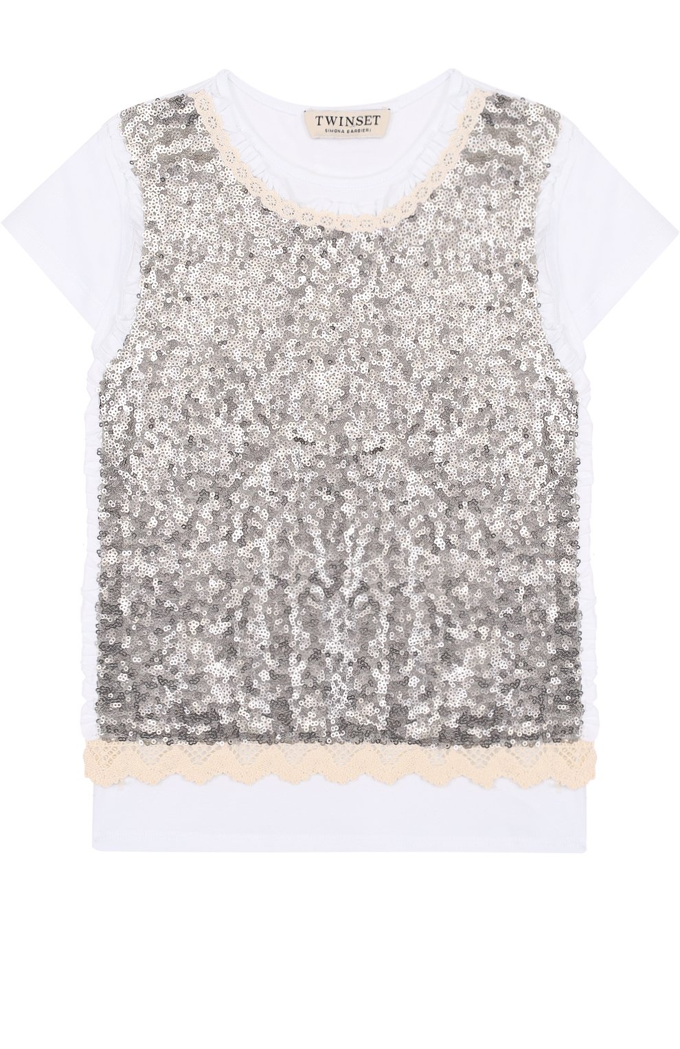 Хлопковая футболка с кружевной отделкой и пайетками TWINSET, арт. GS82RN/12A-16A, фото 1