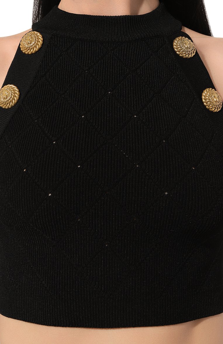Женский топ из вискозы BALMAIN черного цвета, арт. CF1AB390/KF53 | Фото 5 (Материал сплава: Проставлено; Длина (для топов): Укороченные; Материал внешний: Вискоза; Драгоценные камни: Проставлено; Стили: Романтичный)