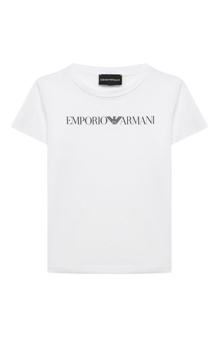 Детская хлопковая футболка EMPORIO ARMANI белого цвета, арт. 8N4TN5/1JPZZ | Фото 1 (Рукава: Короткие; Материал внешний: Хлопок; Мальчики Кросс-КТ: Футболка-одежда; Материал сплава: Проставлено; Драгоценные камни: Проставлено; Ростовка одежда: 10 - 11 лет | 140 - 146см, 13 - 15 лет | 158 см, 16 лет | 164 см, 4 года | 104 см, 5 лет | 110 см, 6 лет | 116 см, 7 лет | 122 см, 8 лет | 128 см)
