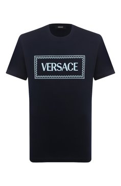 Мужская хлопковая футболка VERSACE темно-синего цвета, арт. 1011694/1A08584 | Фото 1 (Рукава: Короткие; Материал внешний: Хлопок; Длина (для топов): Стандартные; Принт: С принтом; Стили: Кэжуэл; Мужское Кросс-КТ: Футболка-одежда; Кросс-КТ: Джерси)