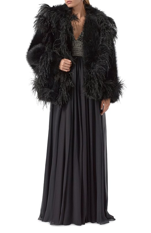 Шуба с отделкой перьями Elie Saab J0148AP25/FR001 Чёрный  J0148AP25/FR001 Фото 2