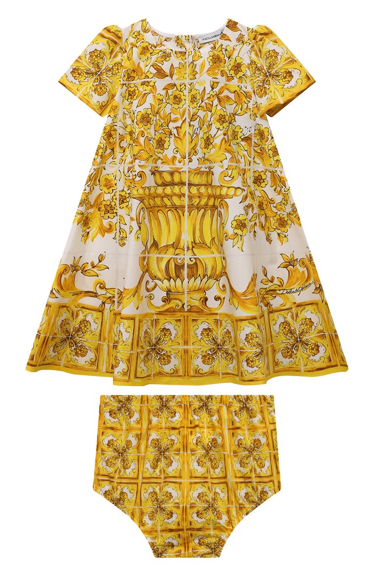 Женский комплект из платья и шорт DOLCE & GABBANA желтого цвета, арт. L23DI5/FI5JW | Фото 1 (Нос: Не проставлено; Материал внешний: Хлопок; Материал сплава: Проставлено; Ростовка одежда: 12 мес | 80 см, 6 мес | 68 см, 9 мес | 74 см)