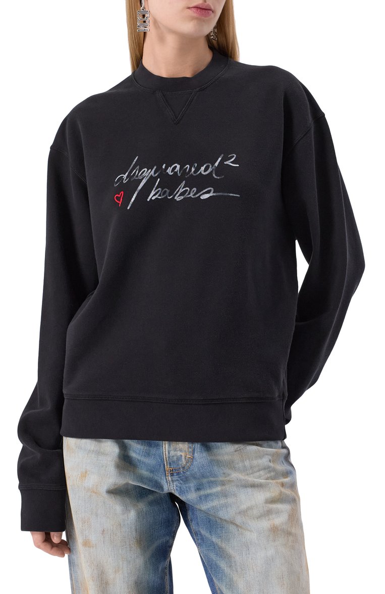 Женский хлопковый свитшот DSQUARED2 черного цвета, арт. S72GU0488/S25462 | Фото 3 (Материал внешний: Хлопок; Рукава: Длинные; Длина (для топов): Стандартные; Стили: Кэжуэл; Женское Кросс-КТ: Свитшот-одежда)