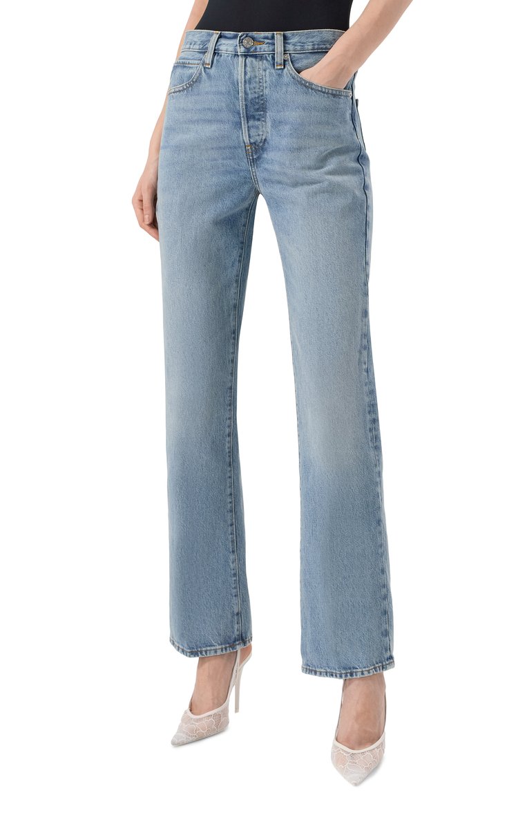 Женские джинсы FRAME DENIM голубого цвета, арт. 1005210 | Фото 3 (Длина (брюки, джинсы): Стандартные; Материал внешний: Хлопок, Деним; Автоматизация ТО: Проставлено; Автоматизация состава: Проставлено; Силуэт Ж (брюки и джинсы): Прямые; Кросс-КТ: Деним; Детали: Делаве; Стили: Кэжуэл)