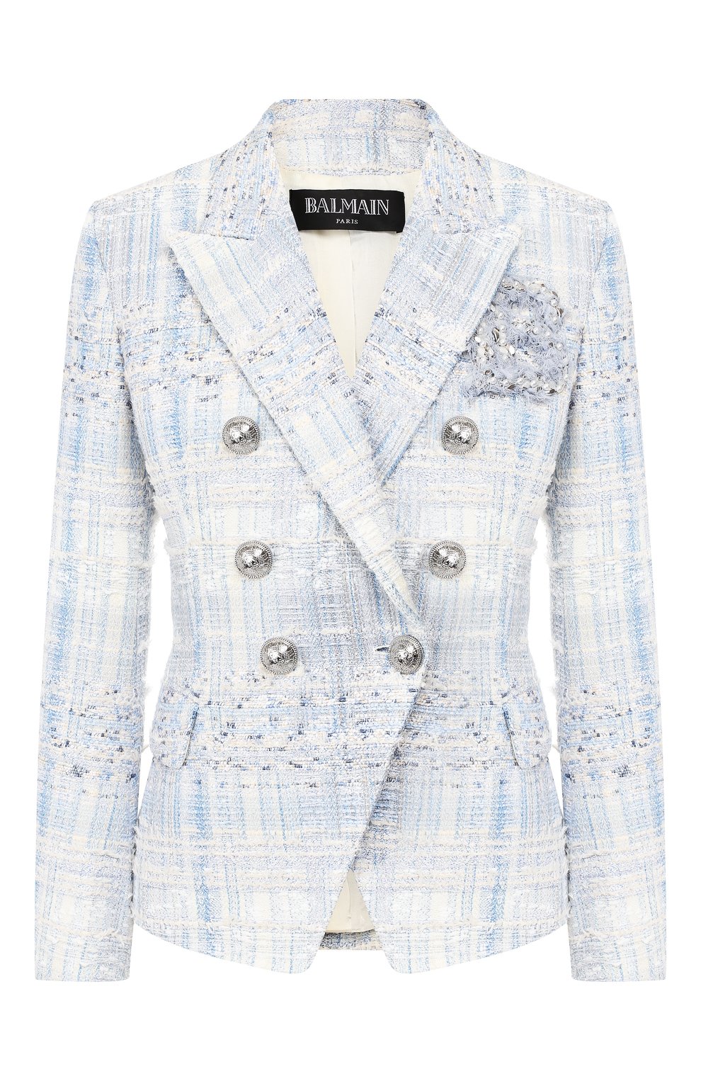 Двубортный жакет BALMAIN голубого цвета по цене 358000 руб., арт. SF27170/W051, фото 1 Двубортный жакет BALMAIN, арт. SF27170/W051, фото 1