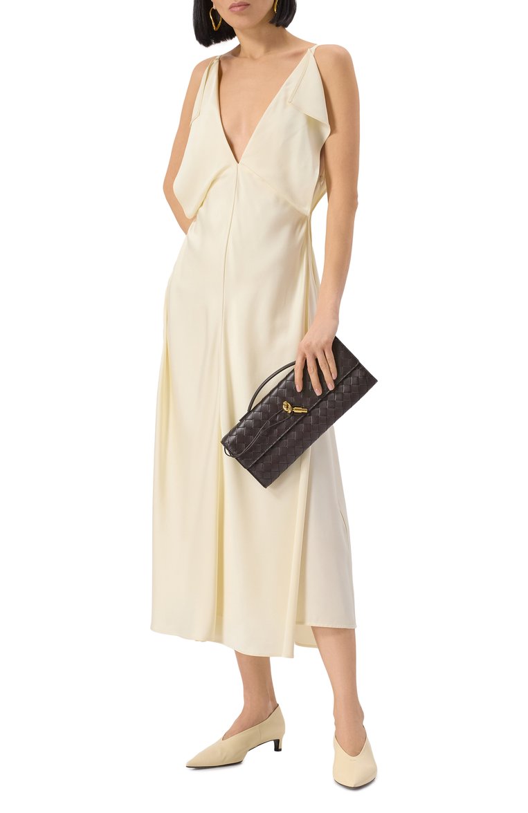 Женское атласное платье JIL SANDER кремового цвета, арт. J02CT0469-J76018 | Фото 2 (Длина Ж (юбки, платья, шорты): Миди; Материал внешний: Синтетический материал; Случай: Повседневный; Женское Кросс-КТ: Платье-одежда; Стили: Минимализм; Автоматизация состава: Проставлено; Автоматизация ТО: Проставлено; Рукава: На бретелях)