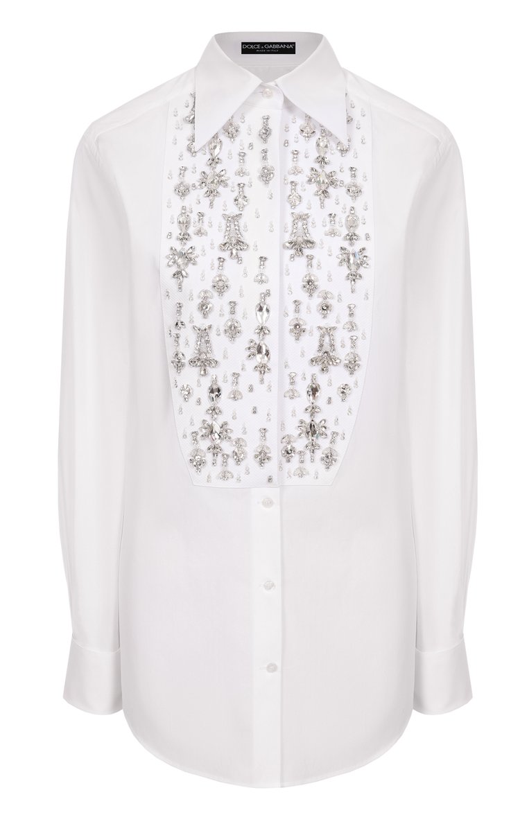 Женская хлопковая рубашка DOLCE & GABBANA белого цвета, арт. F5T16Z/FU5T9 | Фото 1 (Материал внешний: Хлопок; Рукава: Длинные; Длина (для топов): Удлиненные; Женское Кросс-КТ: Рубашка-одежда; Принт: Без принта; Стили: Классический; Автоматизация состава: Проставлено; Автоматизация ТО: Проставлено; Размерность: Идёт в размер; Re-sync: On; Детали: Декор)