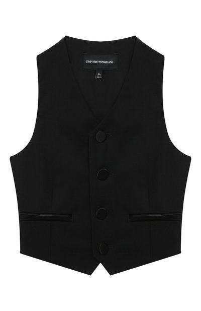 Детский шерстяной жилет EMPORIO ARMANI черного цвета, арт. 6H4GJD/4N3FZ | Фото 1 (Материал подклада: Синтетический материал; Рукава: Короткие; Материал внешний: Шерсть; Стили: Классический; Мальчики-школьная форма: Жилеты; Ростовка одежда: 10 - 11 лет | 140 - 146см, 13 - 15 лет | 158 см, 16 лет | 164 см, 4 года | 104 см, 5 лет | 110 см, 6 лет | 116 см, 7 лет | 122 см, 8 лет | 128 см, 9 лет | 134 см)