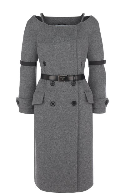 Двубортное шерстяное пальто с поясом и вырезом-лодочка PRADA, арт. P622HK-1QLO-F0H16, фото 1