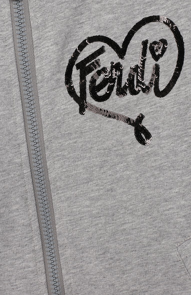 Детский хлопковый кардиган на молнии с капюшоном FENDI серого цвета, арт. JFH061/A4RA/3A-5A | Фото 3 (Рукава: Длинные; Материал внешний: Хлопок; Девочки Кросс-КТ: Кардиган-одежда; Материал сплава: Проставлено; Ювелирные украшения: Назначено; Драгоценные камни: Проставлено; Ростовка одежда: 5 лет | 110 см)