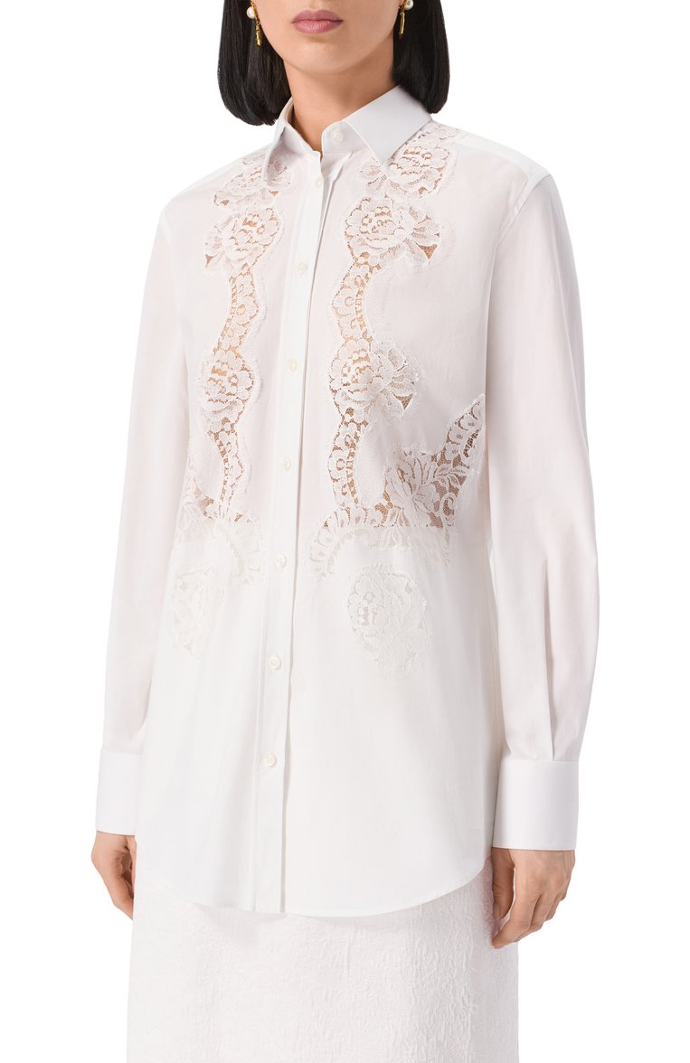 Женская хлопковая рубашка DOLCE & GABBANA белого цвета, арт. F5T32T/FUEAJ | Фото 3 (Длина (для топов): Удлиненные; Материал внешний: Хлопок; Рукава: Длинные; Женское Кросс-КТ: Рубашка-одежда; Принт: Без принта; Стили: Кэжуэл; Автоматизация ТО: Проставлено; Размерность: Идёт в размер; Автоматизация состава: Проставлено)