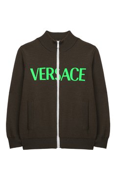 Детский шерстяной кардиган VERSACE хаки цвета, арт. 1010872/1A07919/4A-6A | Фото 1 (Материал внешний: Шерсть; Рукава: Длинные; Мальчики Кросс-КТ: Кардиган-одежда; Материал сплава: Проставлено; Драгоценные камни: Проставлено)