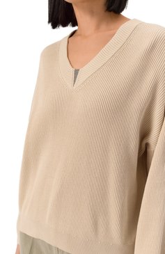 Женский хлопковый пуловер BRUNELLO CUCINELLI бежевого цвета, арт. M19255002 | Фото 5 (Драгоценные камни: Проставлено; Рукава: Длинные; Материал сплава: Проставлено; Длина (для топов): Стандартные; Материал внешний: Хлопок; Стили: Кэжуэл; Женское Кросс-КТ: Пуловер-одежда)