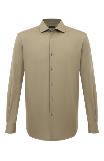 Мужская хлопковая рубашка ZEGNA хаки цвета, арт. UDX18A7/SRF5 | Фото 1 (Рукава: Длинные; Материал сплава: Проставлено; Длина (для топов): Стандартные; Драгоценные камни: Проставлено; Материал внешний: Хлопок)