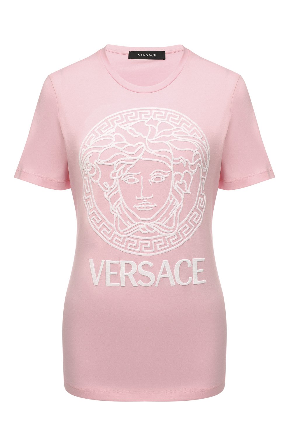 Хлопковая футболка VERSACE розового цвета по цене 54550 руб., арт. 1003684/1A00769, фото 1 Хлопковая футболка VERSACE, арт. 1003684/1A00769, фото 1