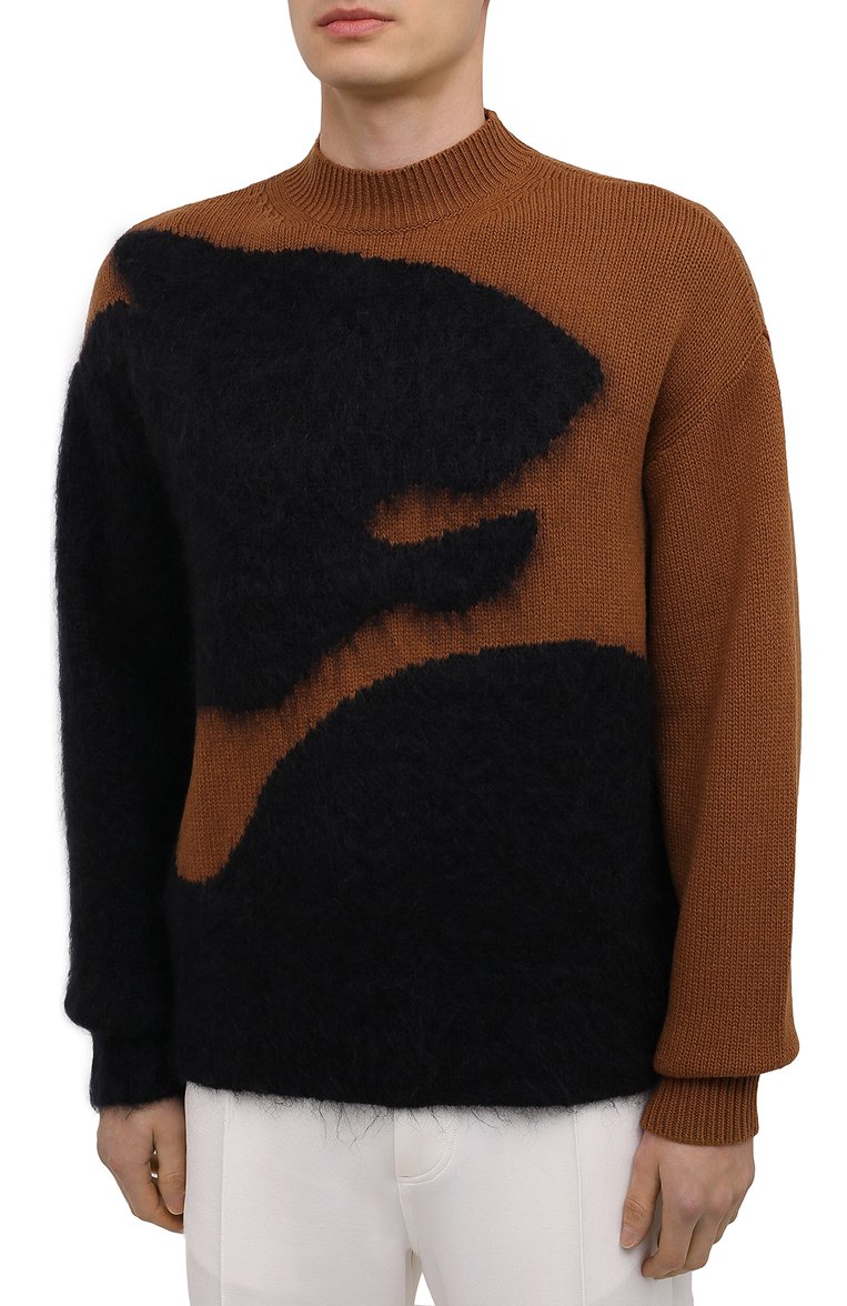 Мужской свитер KENZO коричневого цвета, арт. FA65MPU203RF | Фото 3 (Материал внешний: Шерсть; Длина (для топов): Стандартные; Рукава: Длинные; Стили: Кэжуэл, Минимализм; Принт: С принтом; Мужское Кросс-КТ: Свитер-одежда; Региональные ограничения белый список (Axapta Mercury): Не проставлено)