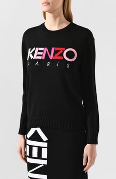 Женский шерстяной пуловер KENZO черного цвета, арт. F962T0618808 | Фото 3 (Длина (для топов): Стандартные; Рукава: Длинные; Статус проверки: Проверена категория, Проверено; Материал внешний: Шерсть; Стили: Кэжуэл, Спорт-шик; Женское Кросс-КТ: Пуловер-одежда; Драгоценные камни: Проставлено; Материал сплава: Проставлено, Проверено)