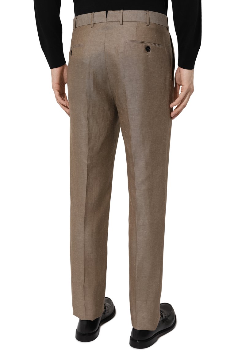 Мужские брюки из шерсти и льна ZEGNA коричневого цвета, арт. 718F00A7/75TB12 | Фото 4 (Материал внешний: Лен, Шерсть; Длина (брюки, джинсы): Стандартные; Случай: Повседневный; Стили: Кэжуэл)