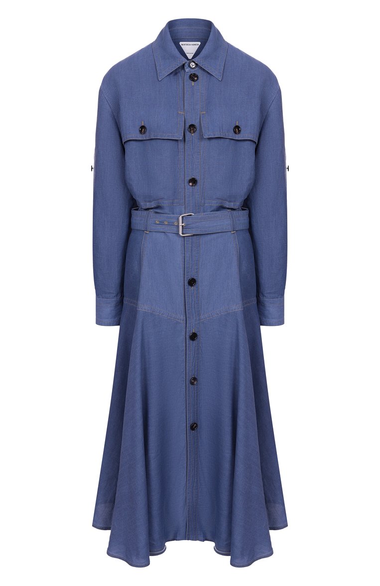 Женское платье из вискозы и льна BOTTEGA VENETA синего цвета, арт. 808563/V4CX0 | Фото 1 (Рукава: Длинные; Материал внешний: Лен, Вискоза; Длина Ж (юбки, платья, шорты): Миди; Случай: Повседневный; Стили: Кэжуэл; Женское Кросс-КТ: Платье-одежда; Автоматизация ТО: Проставлено; Автоматизация состава: Проставлено)