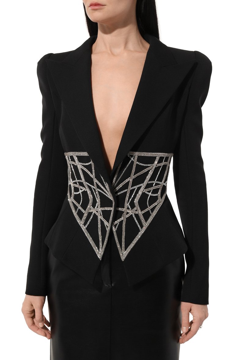 Женский шерстяной жакет BALMAIN черного цвета, арт. AF0SE007PB85 | Фото 3 (Материал подклада: Вискоза; Материал внешний: Шерсть; Рукава: Длинные; Длина (для топов): Стандартные; Женское Кросс-КТ: Жакет-одежда; Случай: Вечерний; Стили: Гламурный; 1-2-бортные: Однобортные)