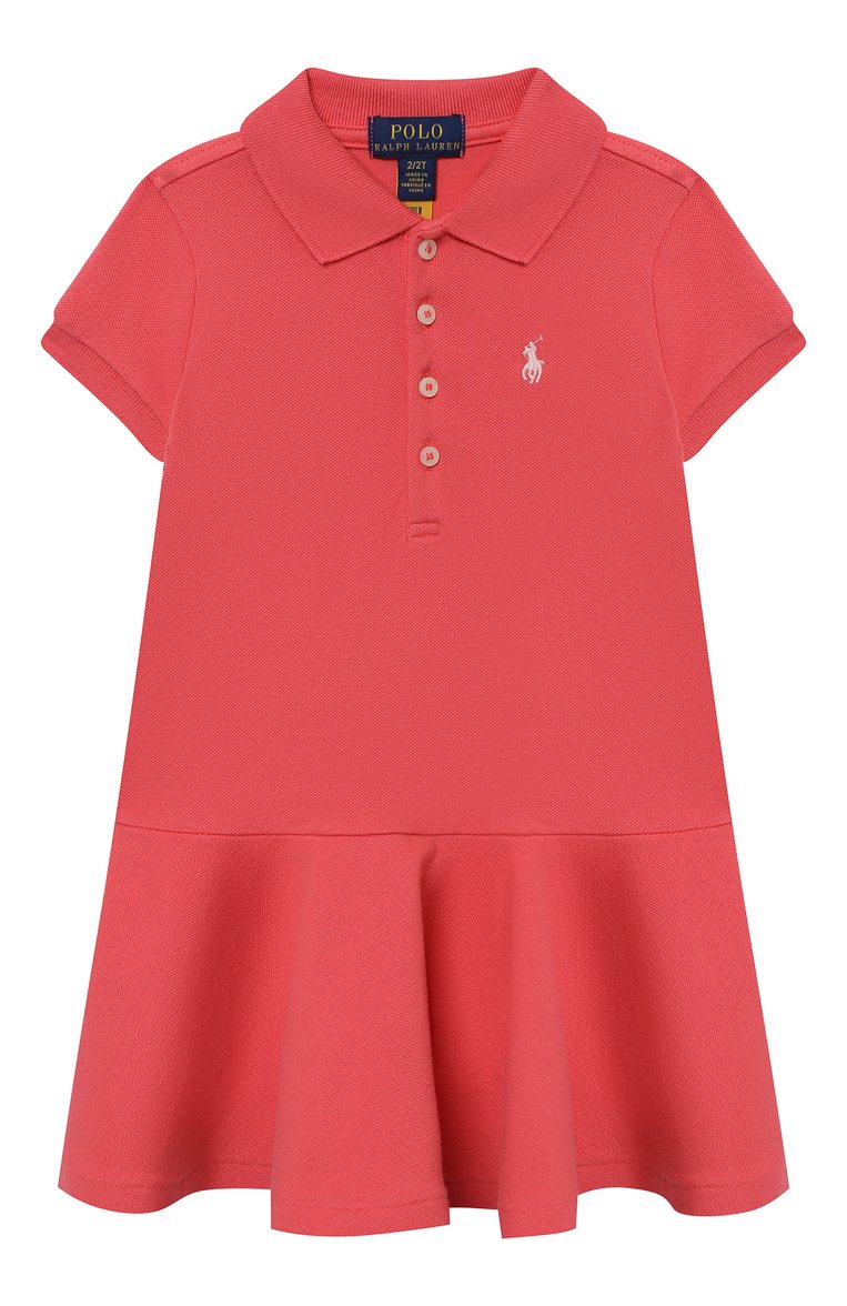 Детское хлопковое платье POLO RALPH LAUREN кораллового цвета, арт. 312698754 | Фото 1 (Материал внешний: Хлопок; Рукава: Короткие; Материал сплава: Проставлено; Драгоценные камни: Проставлено; Ростовка одежда: 5 лет | 110 см, 6 лет | 116 см)