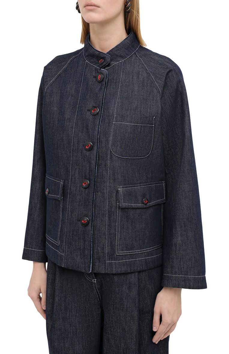Женский жакет из хлопка и шерсти GIORGIO ARMANI синего цвета, арт. 0WHGG0I4/T01VP | Фото 4 (Длина (для топов): Стандартные; Рукава: Длинные; Материал внешний: Хлопок, Шерсть; Случай: Повседневный; Стили: Кэжуэл; 1-2-бортные: Однобортные; Женское Кросс-КТ: Жакет-одежда)