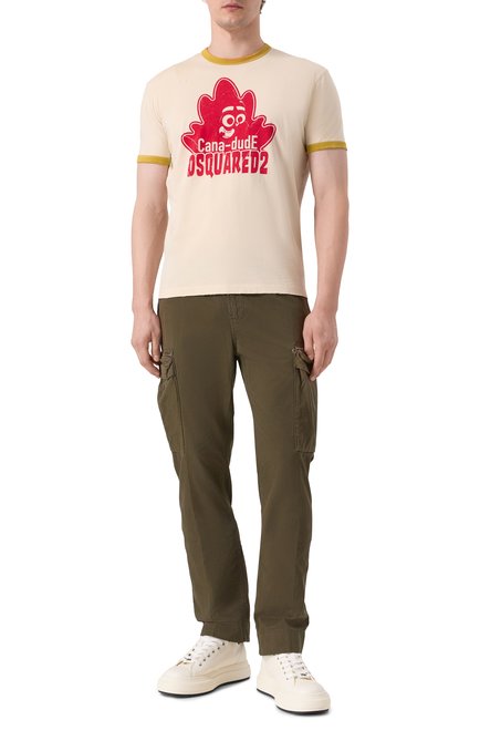 Мужская хлопковая футболка DSQUARED2 кремвого цвета, арт. S74GD1389/D20035 | Фото 2 (Материал сплава: Проставлено; Рукава: Короткие; Длина (для топов): Стандартные; Материал внешний: Хлопок; Драгоценные камни: Проставлено)