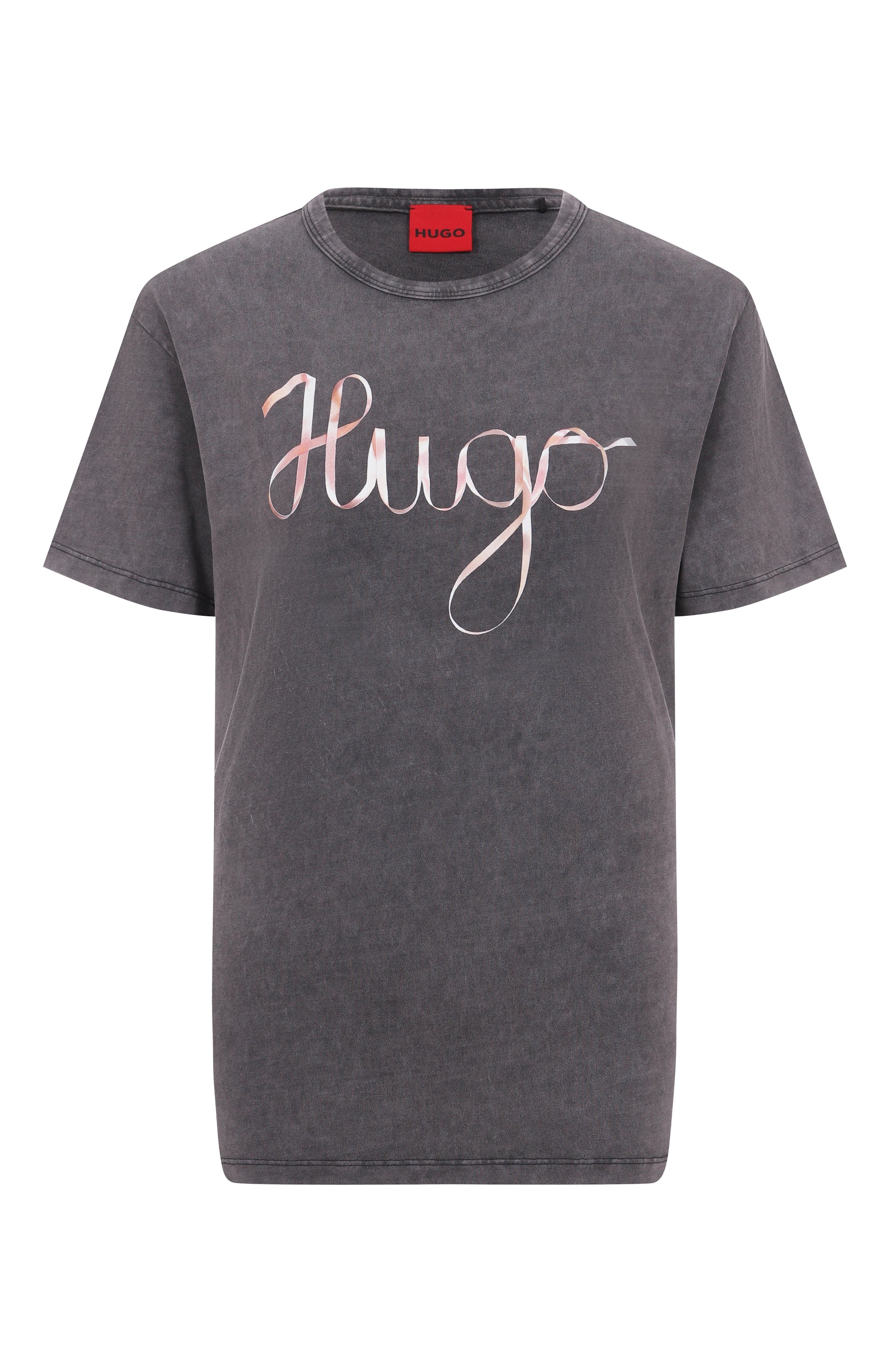 Хлопковая футболка HUGO серого цвета по цене 7940 руб., арт. 50544868, фото 1 Хлопковая футболка HUGO, арт. 50544868, фото 1