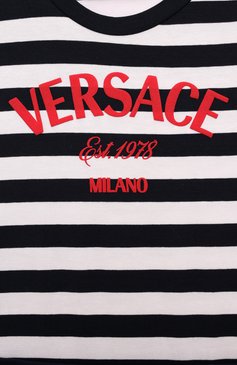 Детское хлопковое платье VERSACE темно-синего цвета, арт. 1012672/1A09684/8A-14A | Фото 3 (Драгоценные камни: Проставлено; Материал сплава: Проставлено; Рукава: Короткие; Материал внешний: Хлопок; Девочки Кросс-КТ: Платье-одежда; Случай: Повседневный; Ростовка одежда: 8 лет | 128 см, 10 - 11 лет | 140 - 146см, 12 лет | 152 см, 16 лет | 164 см)