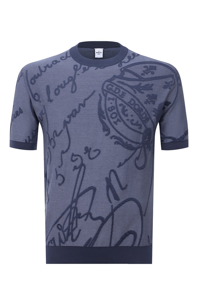 Мужской хлопковый джемпер BERLUTI синего цвета, арт. R22KRS57-001 | Фото 1 (Длина (для топов): Стандартные; Материал внешний: Хлопок; Рукава: Короткие; Принт: С принтом; Стили: Кэжуэл; Мужское Кросс-КТ: Джемперы; Вырез: Круглый)