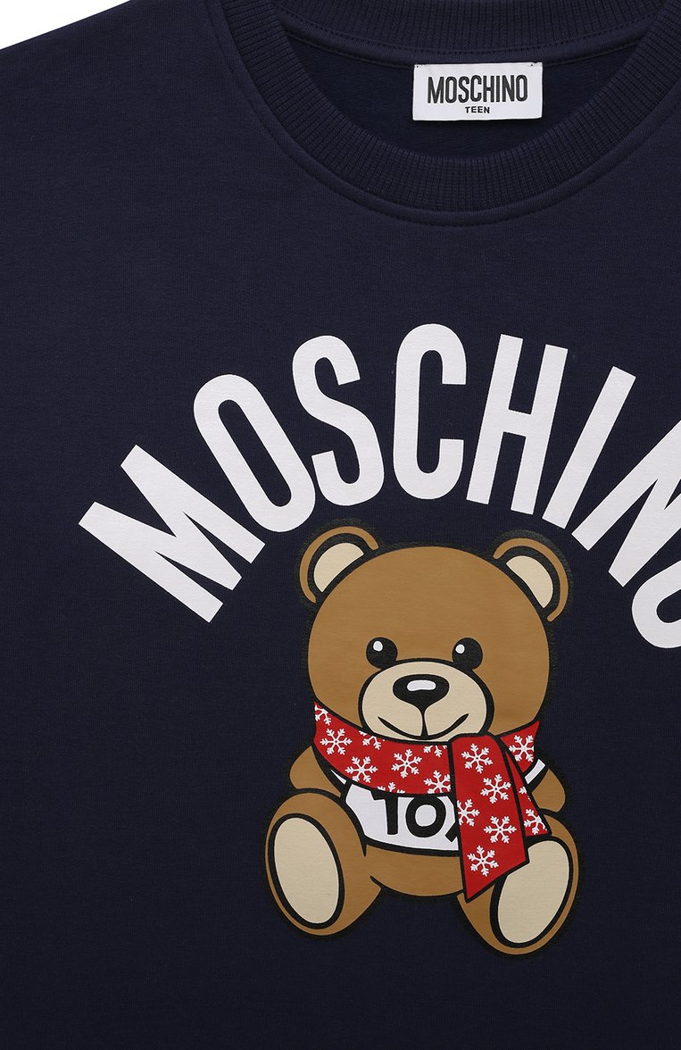 Детское хлопковое платье MOSCHINO синего цвета, арт. HDV0DM/LDA53/10A-14A | Фото 3 (Рукава: Длинные; Случай: Повседневный; Материал сплава: Проставлено; Материал внешний: Хлопок; Драгоценные камни: Проставлено)