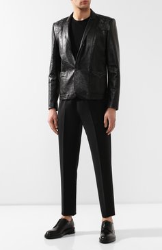 Мужская кожаная куртка SAINT LAURENT черного цвета, арт. 551503/Y5RD2 | Фото 2 (Материал подклада: Вискоза; Рукава: Длинные; Статус проверки: Проверена категория; Длина (верхняя одежда): Короткие; Мужское Кросс-КТ: Кожа и замша, Верхняя одежда; Крос�с-КТ: Куртка; Материал внешний: Натуральная кожа; Драгоценные камни: Проставлено; Материал сплава: Проставлено; Стили: Кэжуэл)